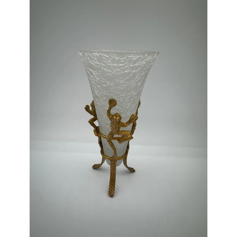 Vintage Crackle Glass Trumpet Vase Brass Frog Tripod Stand Made in India 8